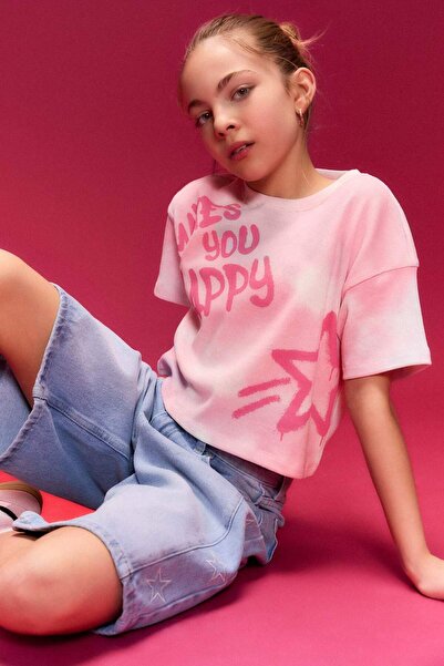 DeFacto Patterned Corded Fabric Ribbed Knit T-Shirt Girl H0711A826Sm