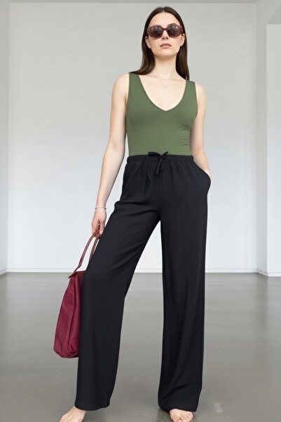 Vireo Club Γυναικείο λινό ελαστικό παντελόνι με φαρδιά μπατζάκια