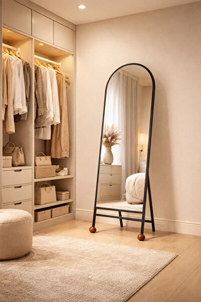 MARIA HOMES مرآة أرضية كاملة الطول بتصميم عصري مقوس مع إطار معدني أسود وحامل