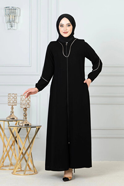Nevayla Moda Beyaz Biye Detaylı Ferace - Siyah