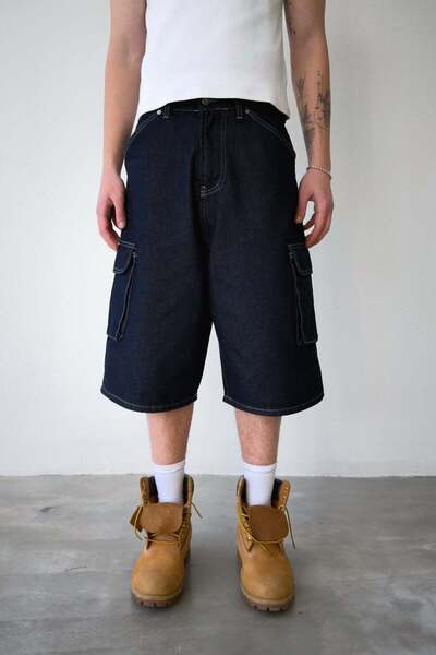 Flaw Wear Bel Kemerli Kargo Cepli Kot Şort Lacivert