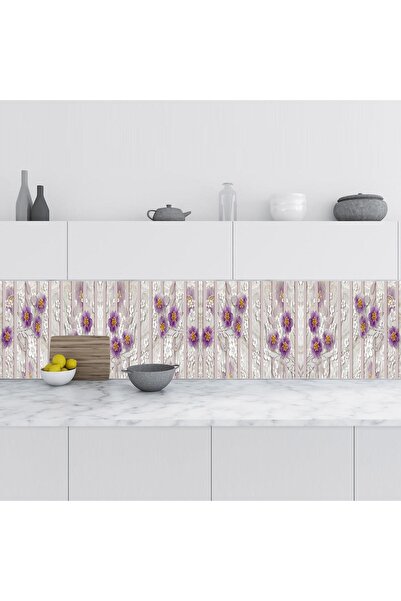 StickerArt Mutfak Tezgah Arası Folyo Fayans Kaplama Folyosu Mor Papatya 60x10...