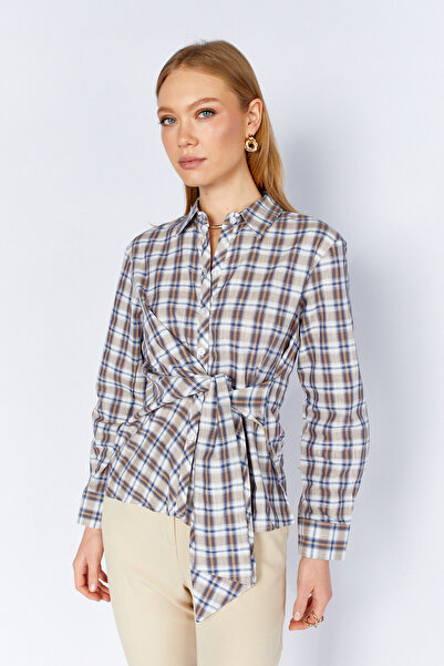 EDITION WOMAN Cămașă în carouri cu detaliu de legătură Camel |   EK118610822