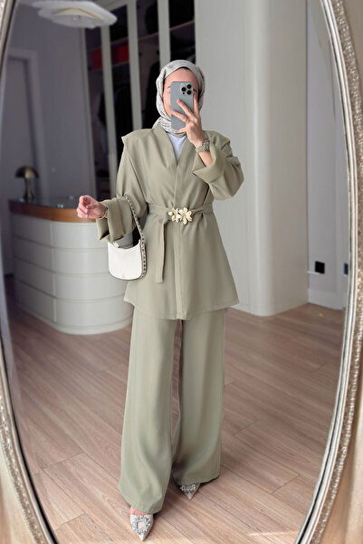 Ka Hijab Set dublu cu detaliu broșă și curea - Verde