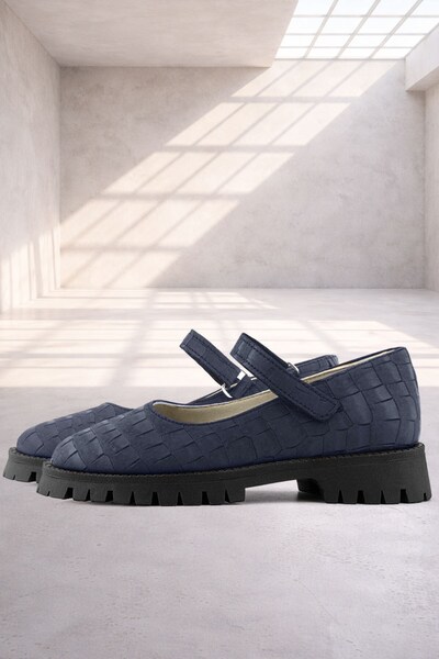Rakerplus Genuine Leather Navy Blue Patterned Velcro Thick Sole Girls' Shoes