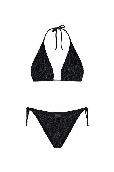TIME MUSE CELIA Fitilli Gümüş Dokulu Siyah Uzun Üçgen Bikini Takım