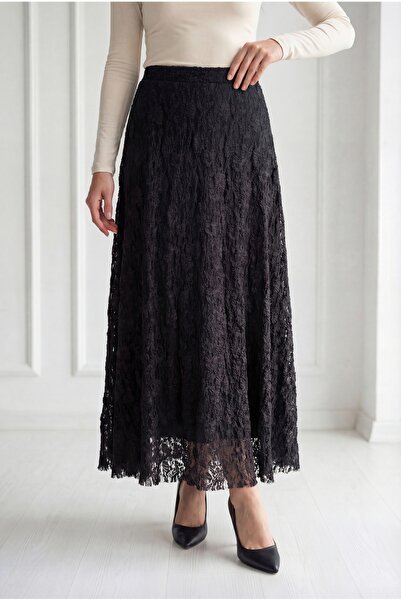 MİHRA STORE Lined Lace Skirt-Mt6549 Black