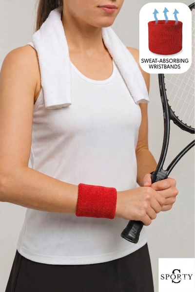 SportyBand Kırmızı Havlu Ter Bandı, Sporcu Bileklik. 2 Li