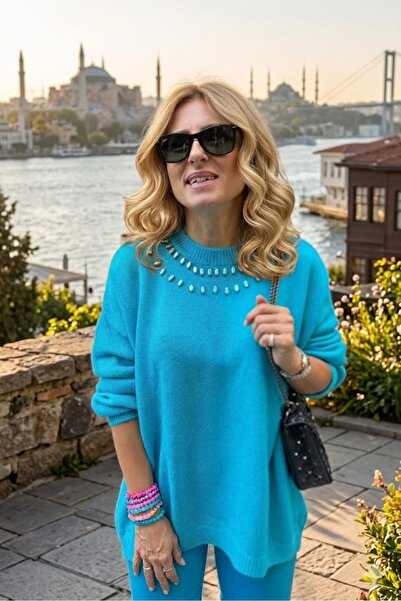 Lady Didi Fashion KADIN AQUA MAVİ TAŞ İŞLEMELİ KAZAK