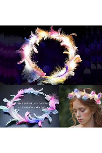 partidolu Halloween Gün Işığı Renk Led Işıklı Melek Halo Hare Taç Karışık Tüy...