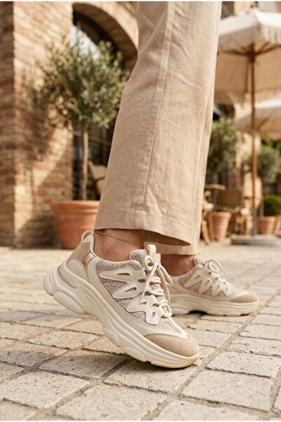 ELAGİAN Kadın Bej Renk Bloklu Kalın Taban Günlük Spor Ayakkabı Sneaker