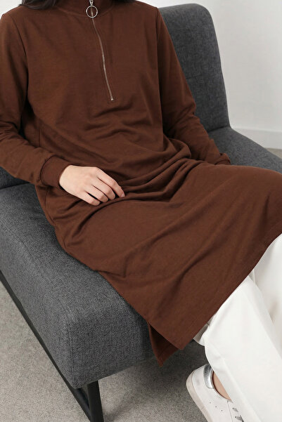 Genel Markalar İki İplik Dik Yaka Fermuarlı Uzun Tunik