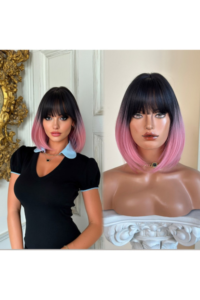 Makromehome Gerçek Saç Dokusunda Vip Sezon Siyah Pembe Ombreli Kısa Küt Perçe...