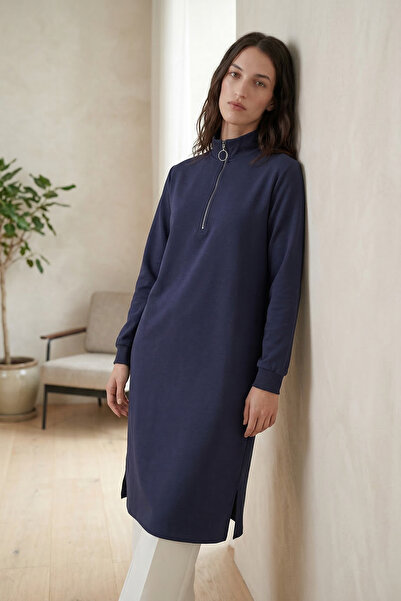 puyeni İki İplik Dik Yaka Fermuarlı Uzun Tunik