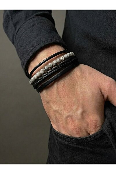 aurora dükkan Genuine Leather Natural Stone Multi Men's Bracelet