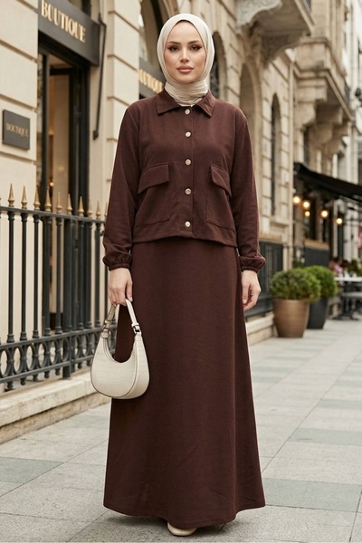 Bestenur Elmina Φόρεμα-Σακάκι Σετ Σκούμπα Δύο Τεμαχίων 1673 - Καφέ