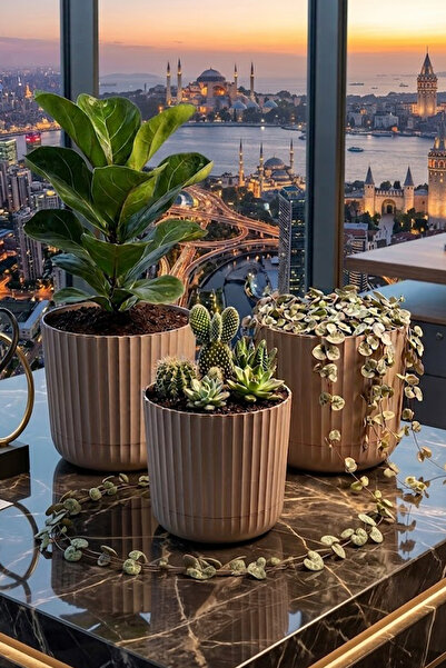 TEMMUZ HOME Zeraf Saksı No:2–3 Adet 2.6 Litre Tabaklı Masa veSehpa Üzeri Saks...