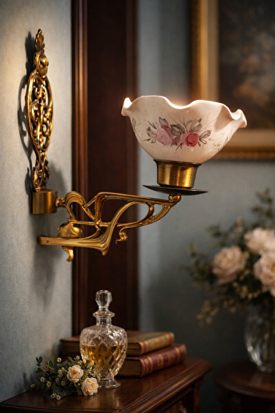 esdekor Seramik El Yapım Aplik Altı Pirinç Antikamsı Aydınlatma Çiçekli 1 Adet