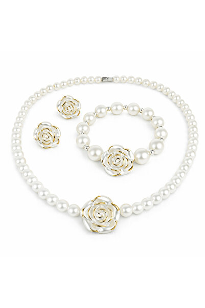 Pursehuit Set colier, cercei și brățară, auriu, cu flori și perle, Olymphia C8