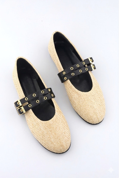 moon glow Balerini din paie pentru femei, cu cataramă dublă, cu bandă neagră,...