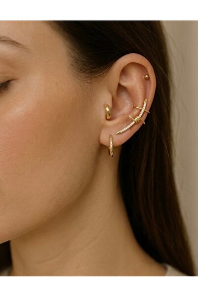 Markiz Takı Gold Tasarım Sıkıştırmalı Kıkırdak Küpe 4 Cm