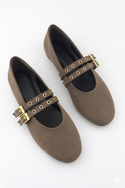 moon glow Balerini de damă cu cataramă dublă cu împodobire de culoarea piele ...