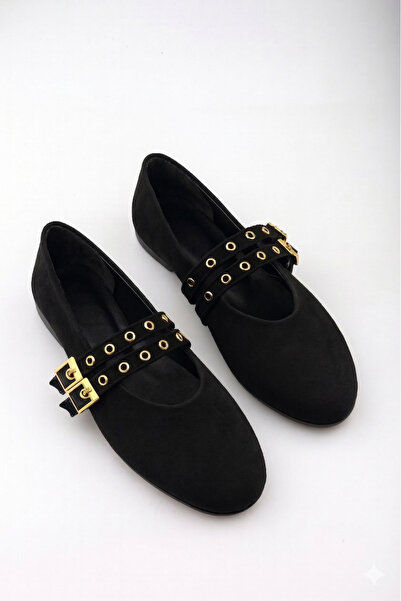 moon glow Γυναικείες μπαλαρίνες με διπλή πόρπη σε μαύρο σουέντ χρώμα |   Καθη...