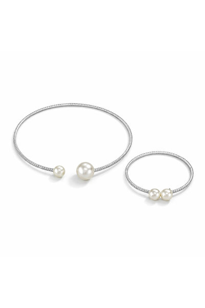 Pursehuit Set colier și brățară choker, culoare argintie, cu perle și pietre,...