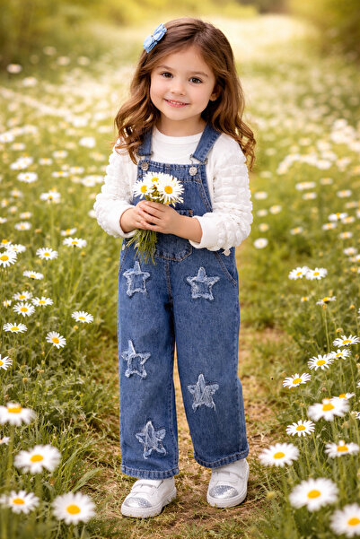 İncilay Kids Kız Çocuk Yıldız Detaylı Kot Salopet Takım Fırfır Kollu Bluzlu 2...