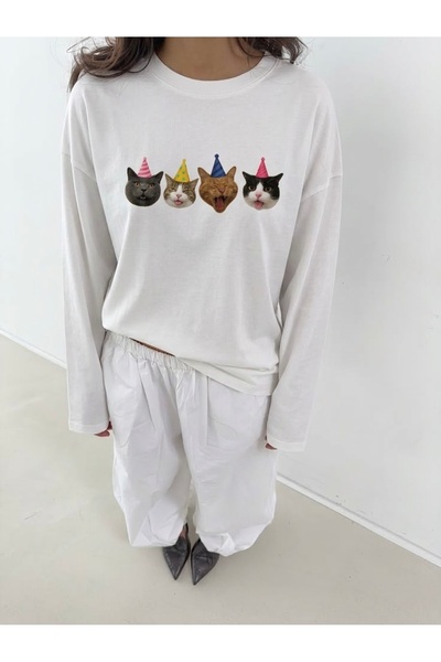 Disante 100% βαμβάκι Oversize Fit Pawty time Printed - Μακρυμάνικο μπλουζάκι ...