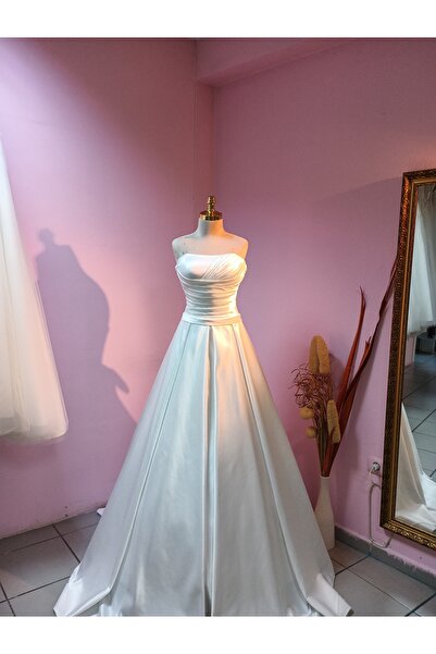 GÖKŞİN MODA أوف وايت رايات فستان الزفاف الساتان