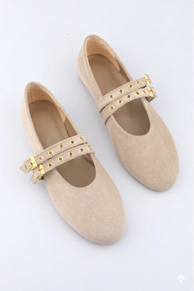 moon glow Balerini de culoare bej din piele intoarsa cu catarama dubla pentru...