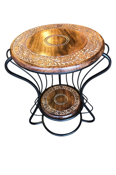 Otantik Çarşı Ahşap Ferforje Sehpa 2 Katlı 45x45x64 cm.