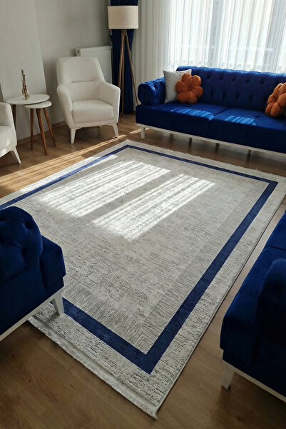 VOPTEKS Beyaz Lacivert Halı Salon Halısı Makinede Yıkanabilir Halı Kaymaz Tab...