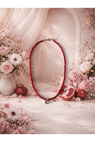 Helen Atelier Doğal Yakut Taşlı Kırmızı Boncuk Kolye Gold Detaylı Minimal Tas...