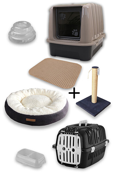 Kurtbay Şekil Lüks Kapalı Kedi Tuvaleti+Taşıma Sepeti+Yatak+Tırmalama+Paspas+...