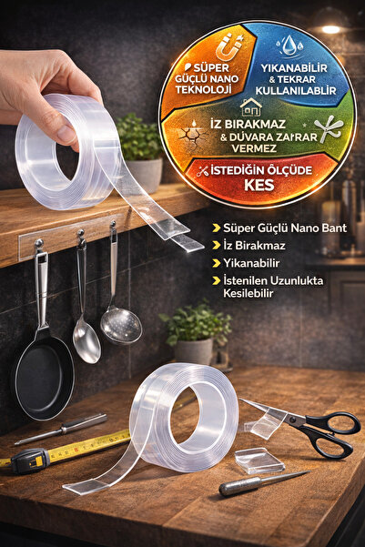 TOYFEST 5 Metre Çift Taraflı Nano Bant Süper Güçlü Şeffaf Jel Silikon Duvar Ç...