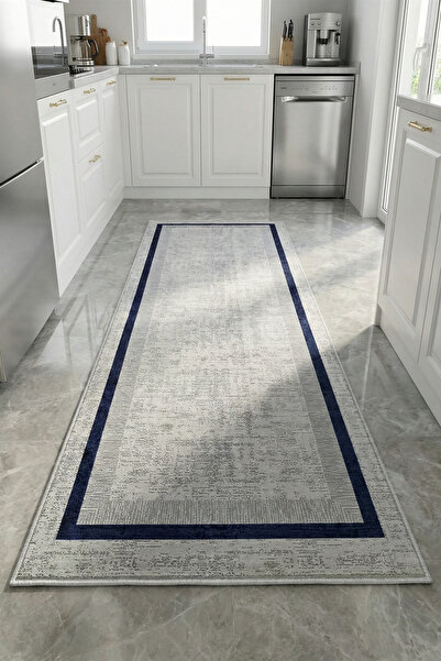 VOPTEKS Lacivert Gri Mutfak Halısı Makinede Yıkanabilir Halı Kaymaz Taban Halı