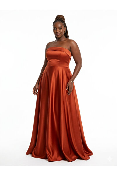 wisteriA Kiremit rengi straplez abiye elbise