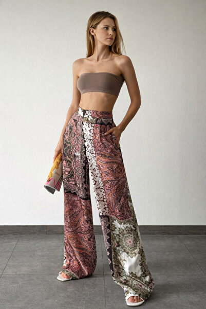 İLKCET MODA Pantaloni largi și subțiri din satin cu modele etnice pentru femei