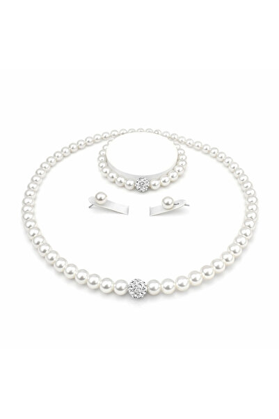 Pursehuit Set colier, brățară și cercei, culoare argintie, cu perle și crista...