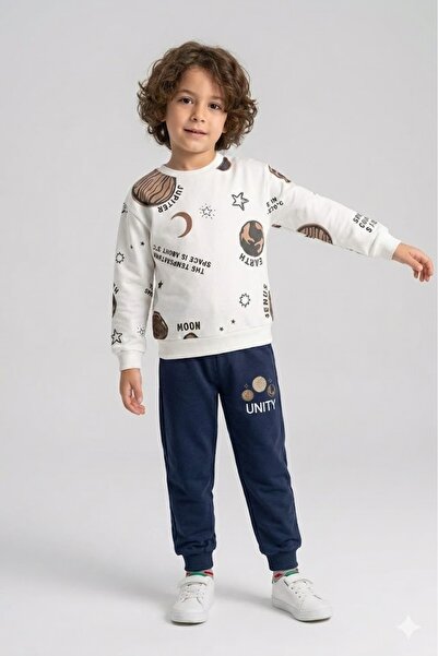 friend kids طقم مزدوج موسمي بطبعة كوكب Frnd34 - أزرق داكن - العمر 4