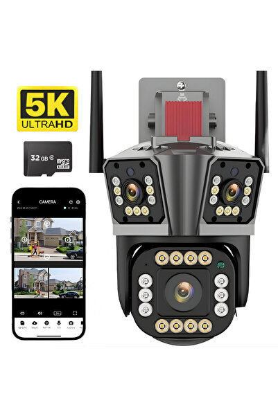 Spionescu Cameră de supraveghere triplă 5K, WIFI, 12MP, 32 GB, PTZ, CCTV, zoo...