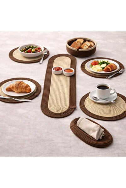 KRAFTELLA طقم تقديم 7 قطع بني-ذهبي – مفرش بيضاوي + سوبرا + حامل مناديل + صيني...