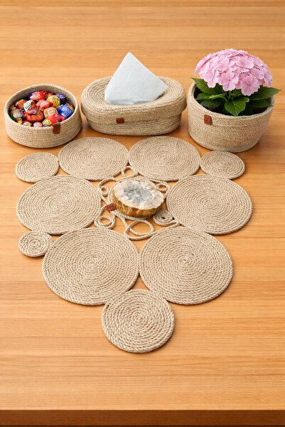 KRAFTELLA طقم تقديم من الجوت المزخرف - مفرش غير متماثل + سلة وأصيص زهور + حام...