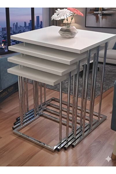 Zigon Rüya 4'lü Yan Sehpa Gümüş Metal Beyaz Tabla