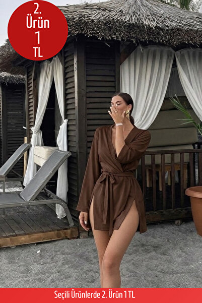 COMBİNE MİCHAİL Kadın Straight Fit Basic Kahve Mini Kimono