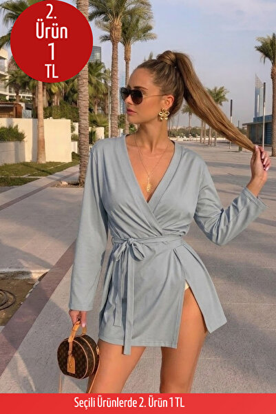 COMBİNE MİCHAİL Kadın V Yaka Uzun Kollu Gri Kimono