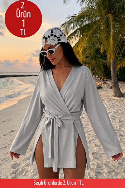 COMBİNE MİCHAİL Kadın V Yaka Salaş Kuşaklı Gri Kimono