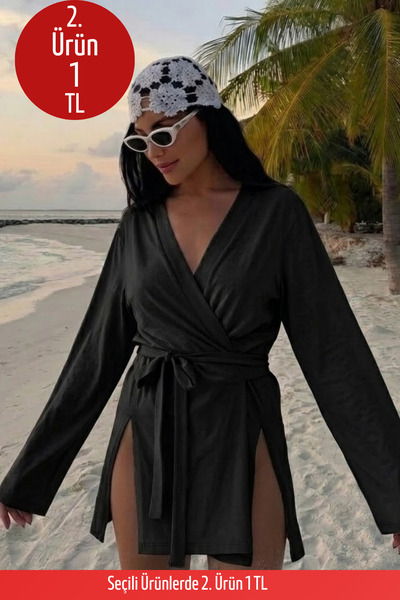 COMBİNE MİCHAİL Kadın V Yaka Salaş Kuşaklı Siyah Kimono